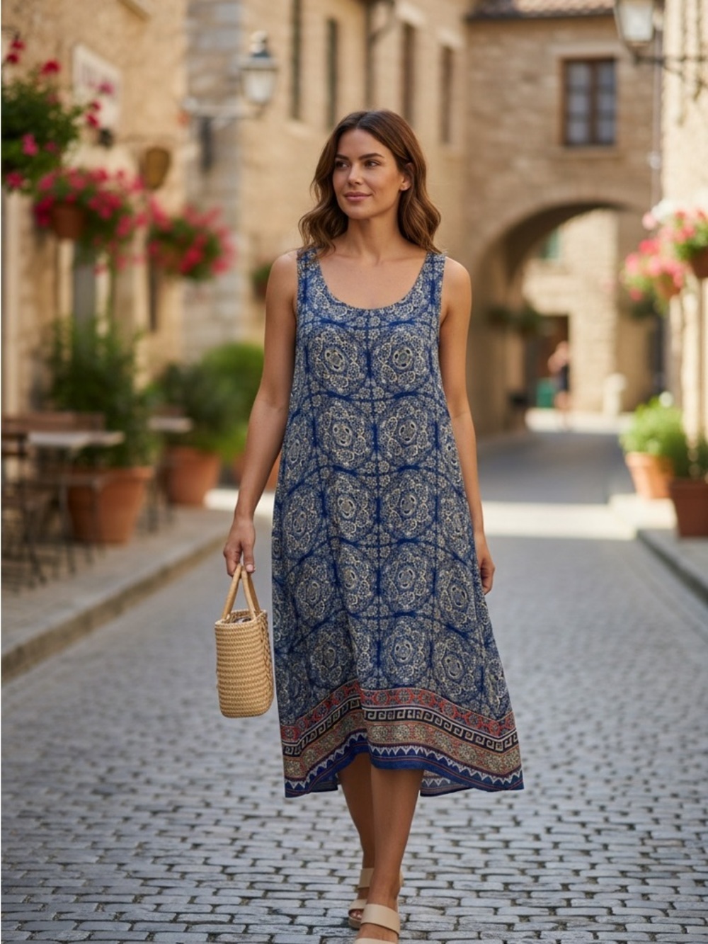 Max studio Sleeveless Blue Patterned Midi Dress